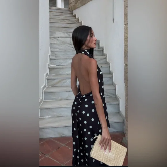 ZARA POLKA DOT SATIN MIDI DRESS - Picture 4 of 15